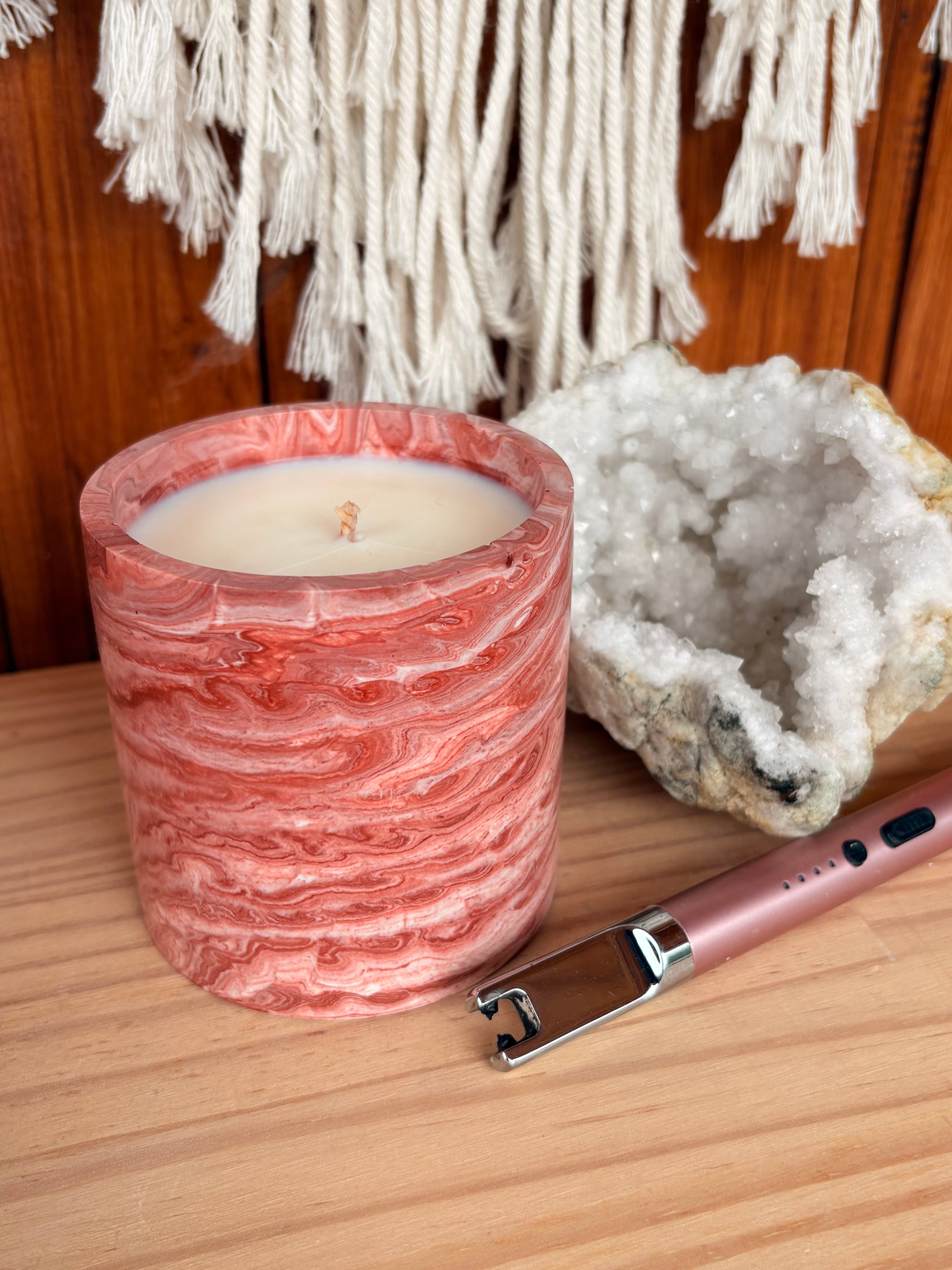 Red Oxide and Oriental Blossom Stone Whirl Candle